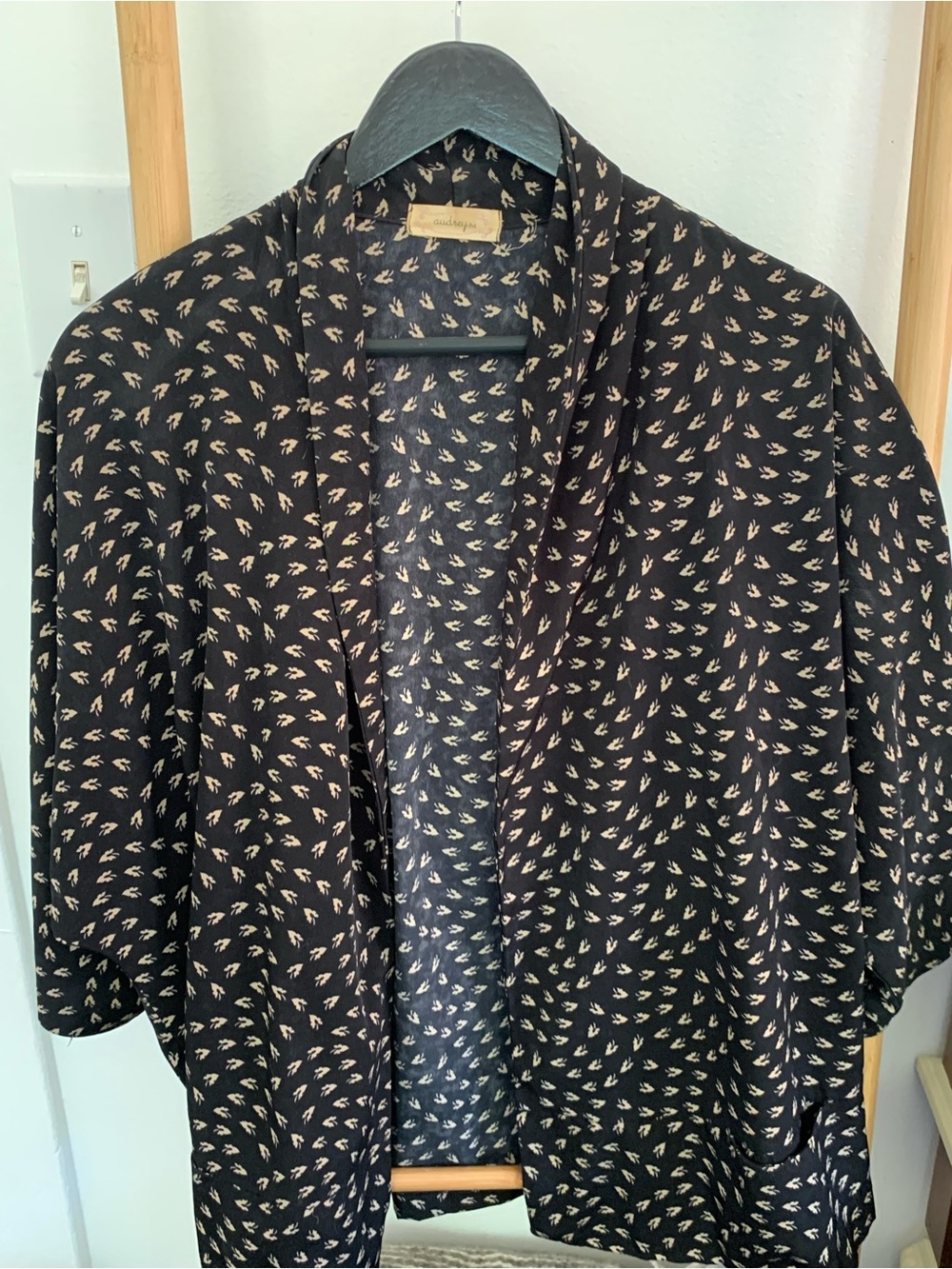 Audrey 3+1 Black Kimono Cardigan with Tan Leaf Print